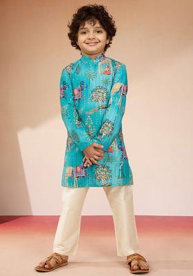 Blue Embroidered Polyester Kurta Set For Boys