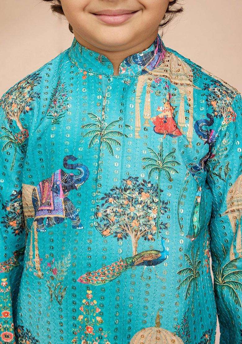Blue Embroidered Polyester Kurta Set For Boys - Indya