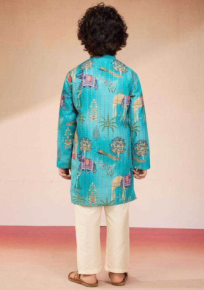 Blue Embroidered Polyester Kurta Set For Boys - Indya