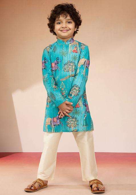 Blue Embroidered Polyester Kurta Set For Boys