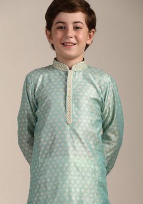Green Woven Design Silk Kurta Set For Boys