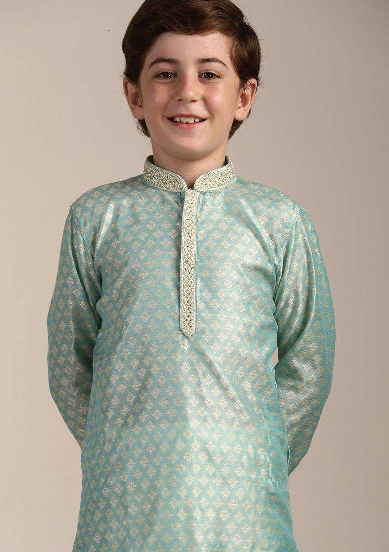Green Woven Design Silk Kurta Set For Boys - Indya