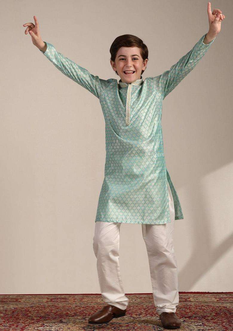 Green Woven Design Silk Kurta Set For Boys - Indya