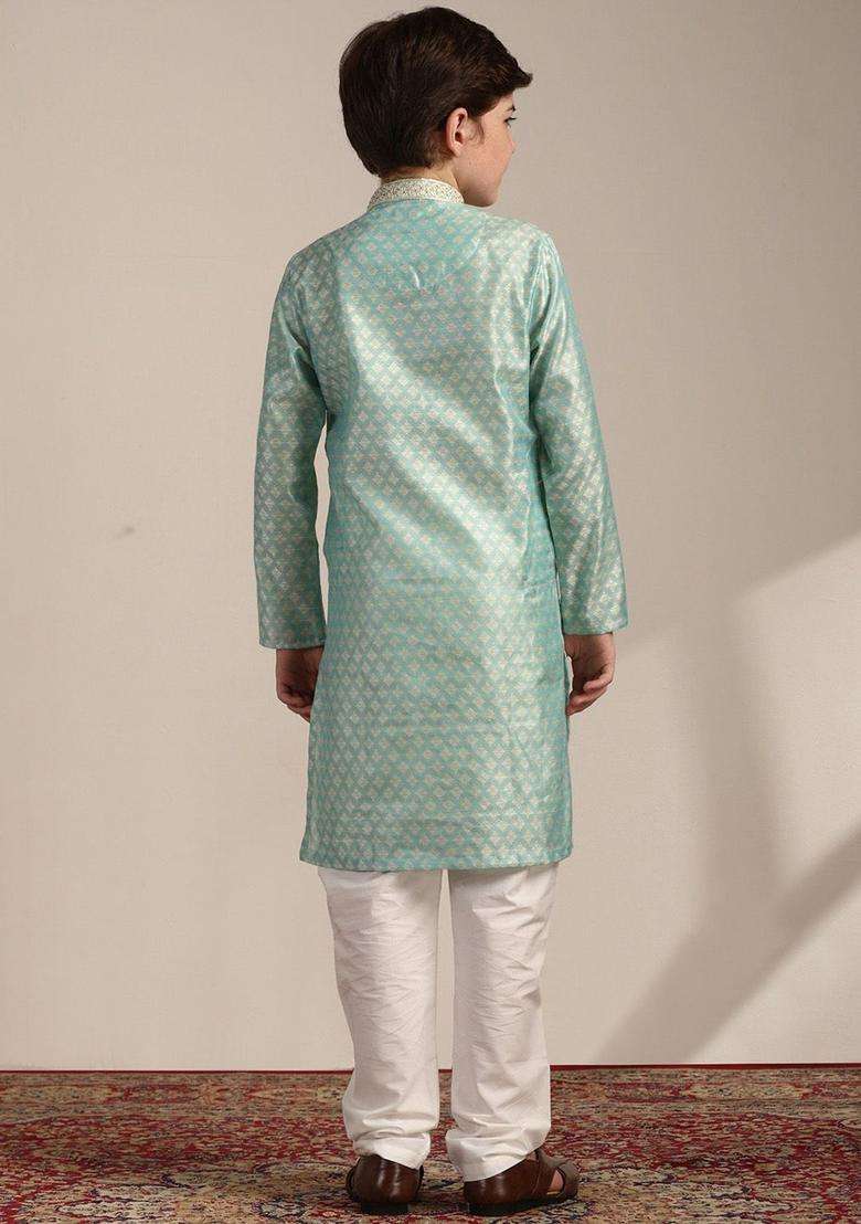 Green Woven Design Silk Kurta Set For Boys - Indya