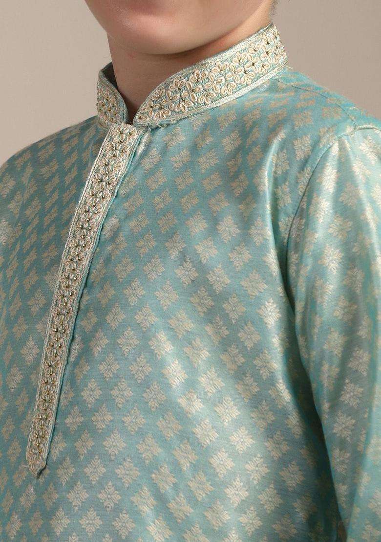 Green Woven Design Silk Kurta Set For Boys - Indya