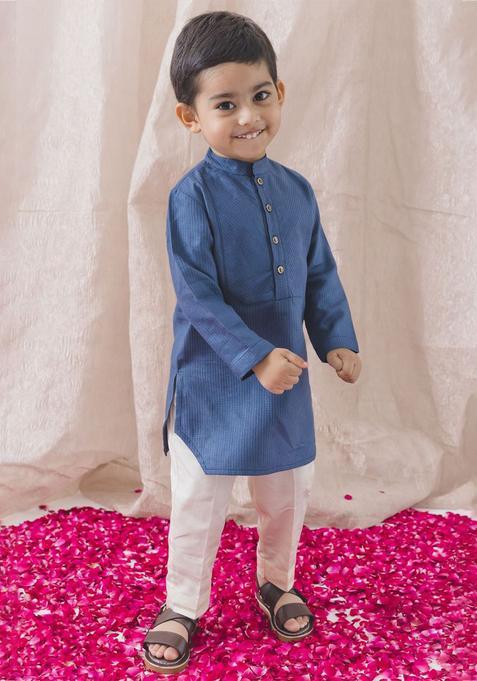 Blue Self Design Cotton Kurta Set For Boys — view on Indya