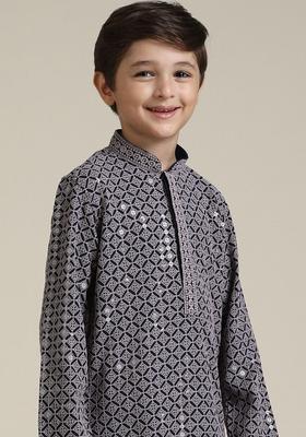 Grey Embroidered Viscose Kurta Set For Boys