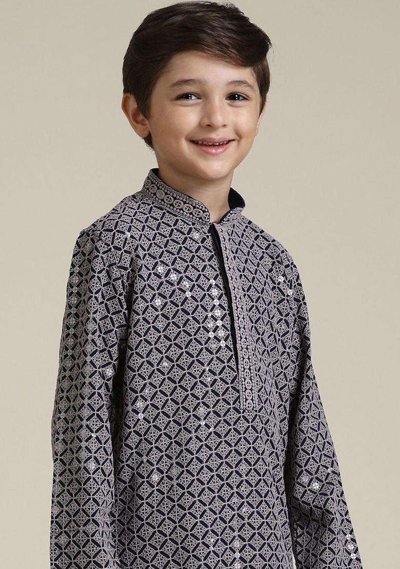 Grey Embroidered Viscose Kurta Set For Boys - Indya