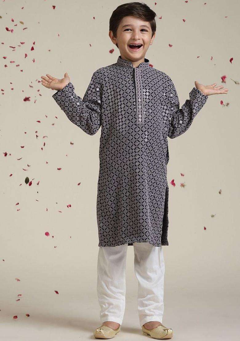 Grey Embroidered Viscose Kurta Set For Boys - Indya