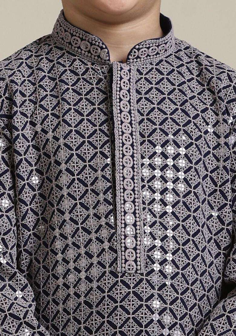 Grey Embroidered Viscose Kurta Set For Boys - Indya