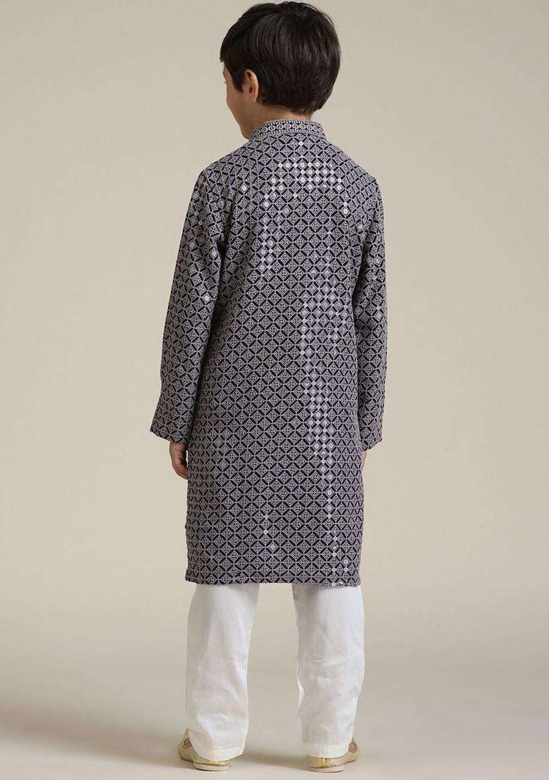 Grey Embroidered Viscose Kurta Set For Boys - Indya