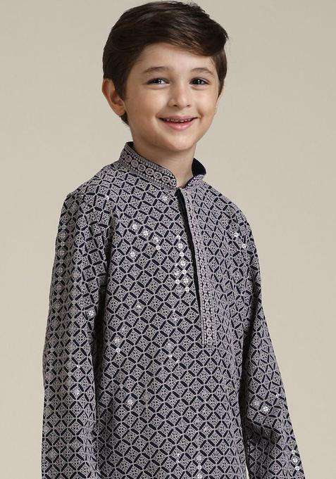 Grey Embroidered Viscose Kurta Set For Boys