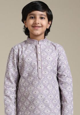 Purple Self Design Cotton Kurta Set For Boys