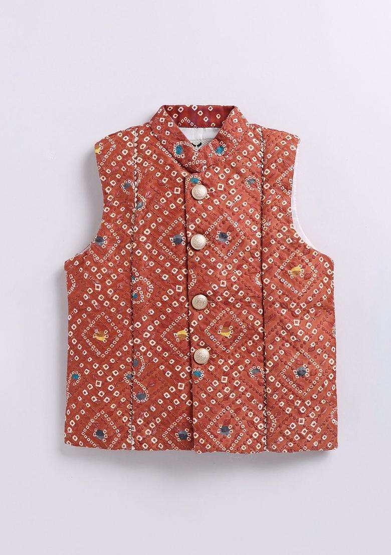 Brown Embroidered Silk Kurta Set For Boys - Indya