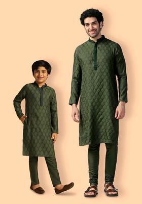 Olive Woven Design Silk Kurta Set For Boys