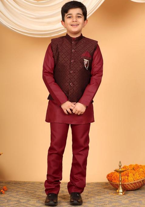 Maroon Woven Design Silk Kurta Set For Boys — view on Indya