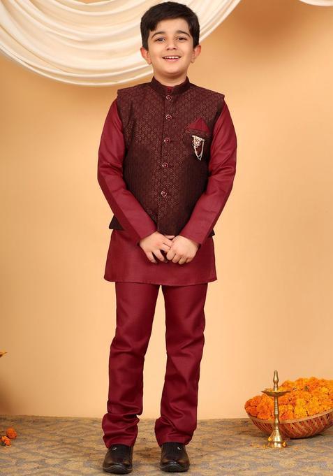 Maroon Solid Silk Kurta Set For Boys — view on Indya