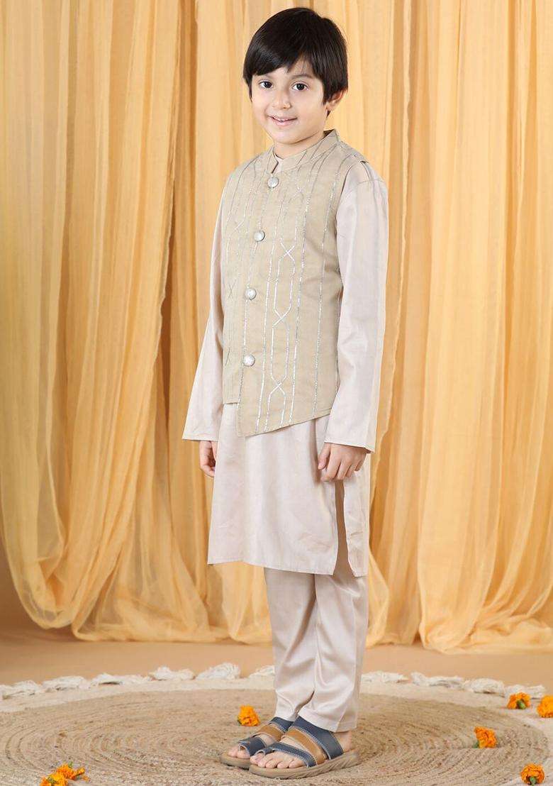 Taupe Solid Cotton Kurta Set For Boys - Indya