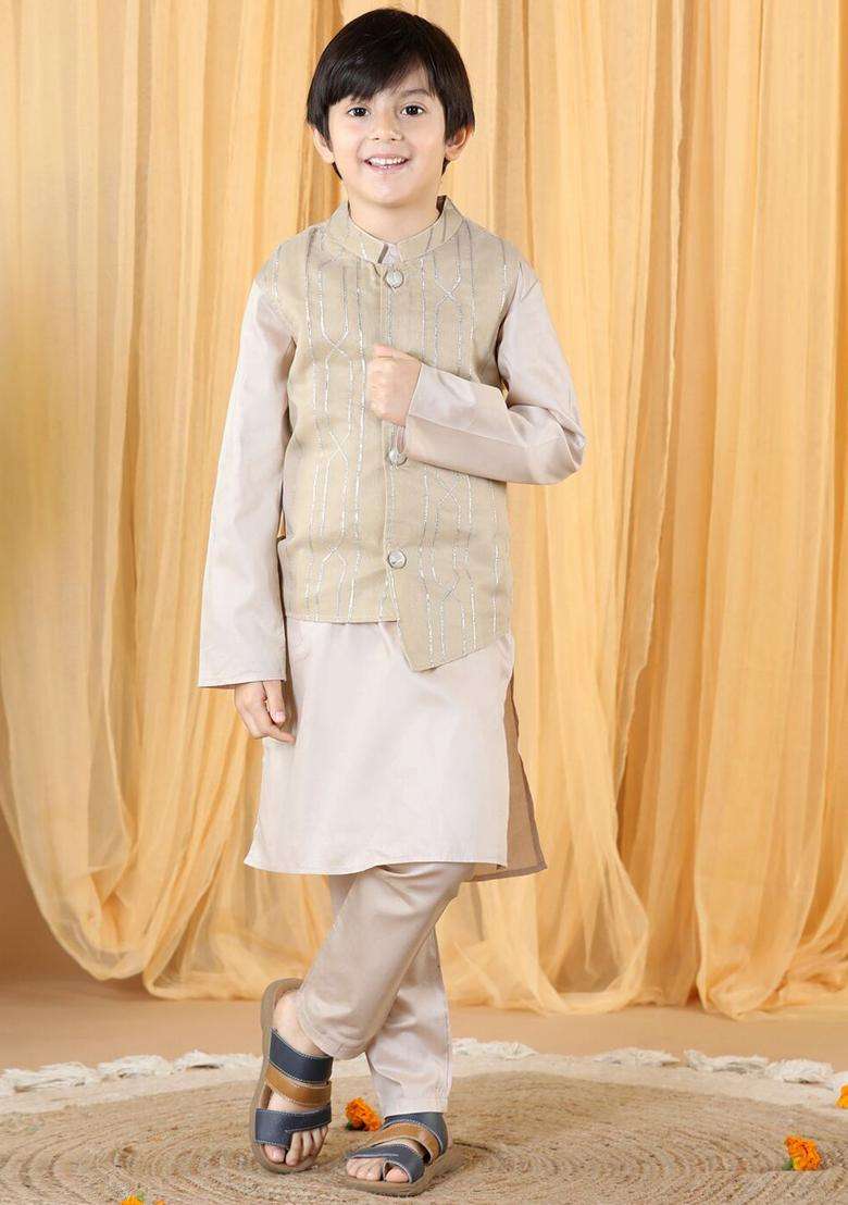 Taupe Solid Cotton Kurta Set For Boys - Indya