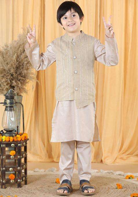 Taupe Solid Cotton Kurta Set For Boys