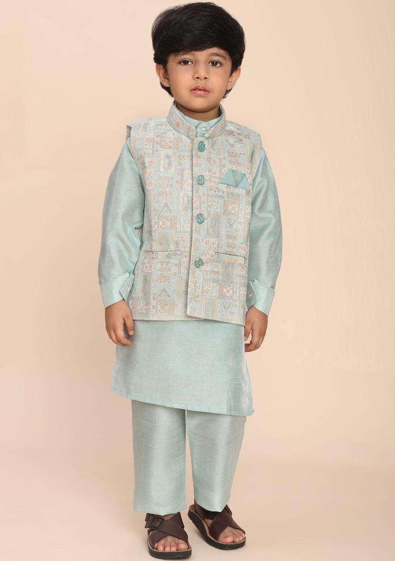Sea Green Solid Silk Kurta Set For Boys - Indya