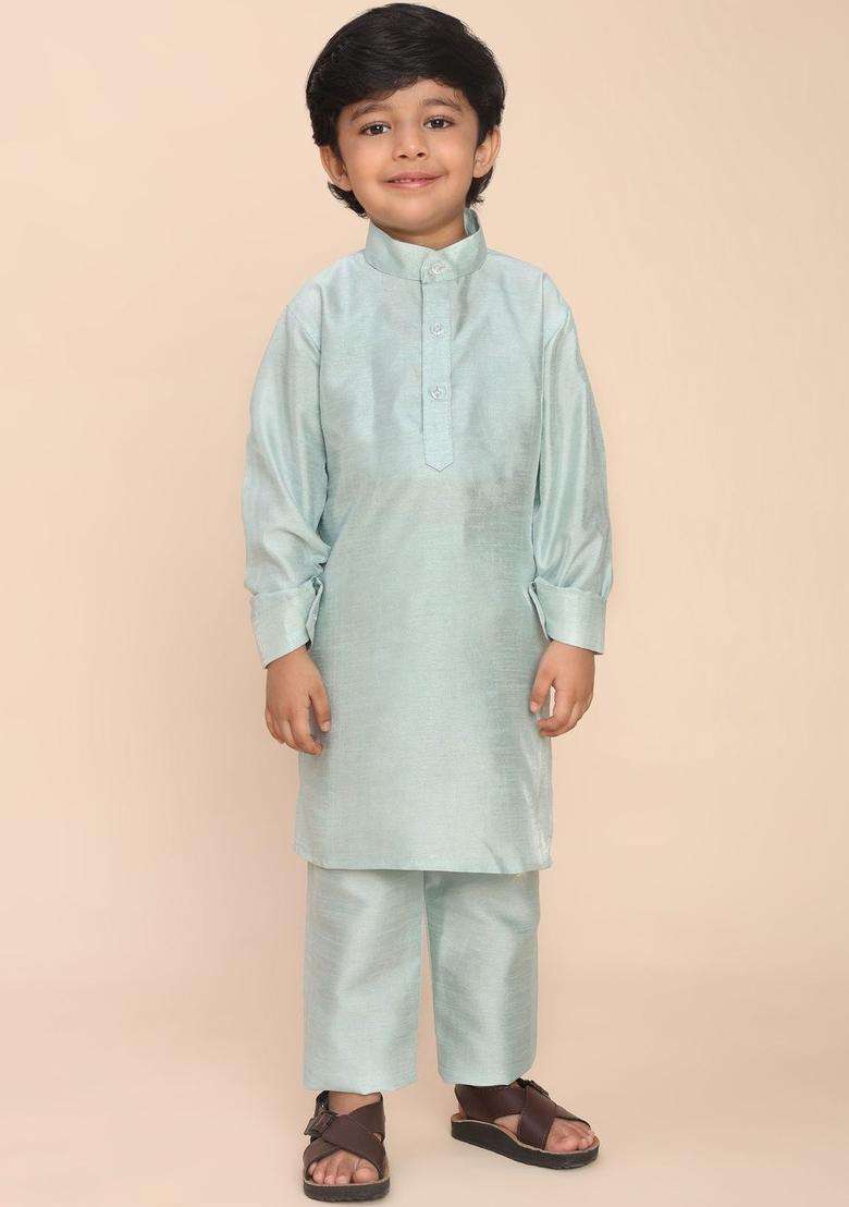 Sea Green Solid Silk Kurta Set For Boys - Indya