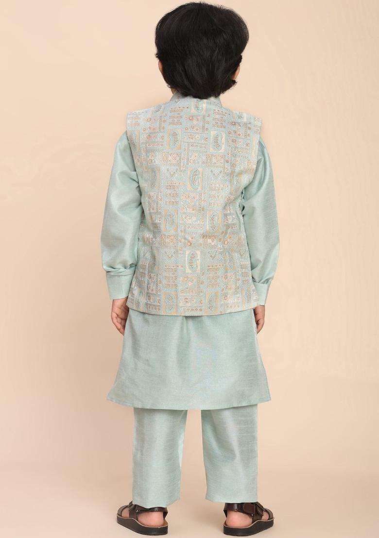 Sea Green Solid Silk Kurta Set For Boys - Indya