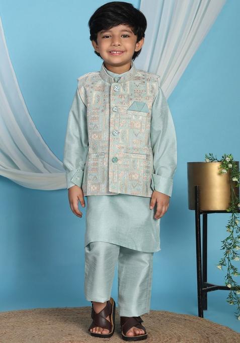Sea Green Solid Silk Kurta Set For Boys — view on Indya