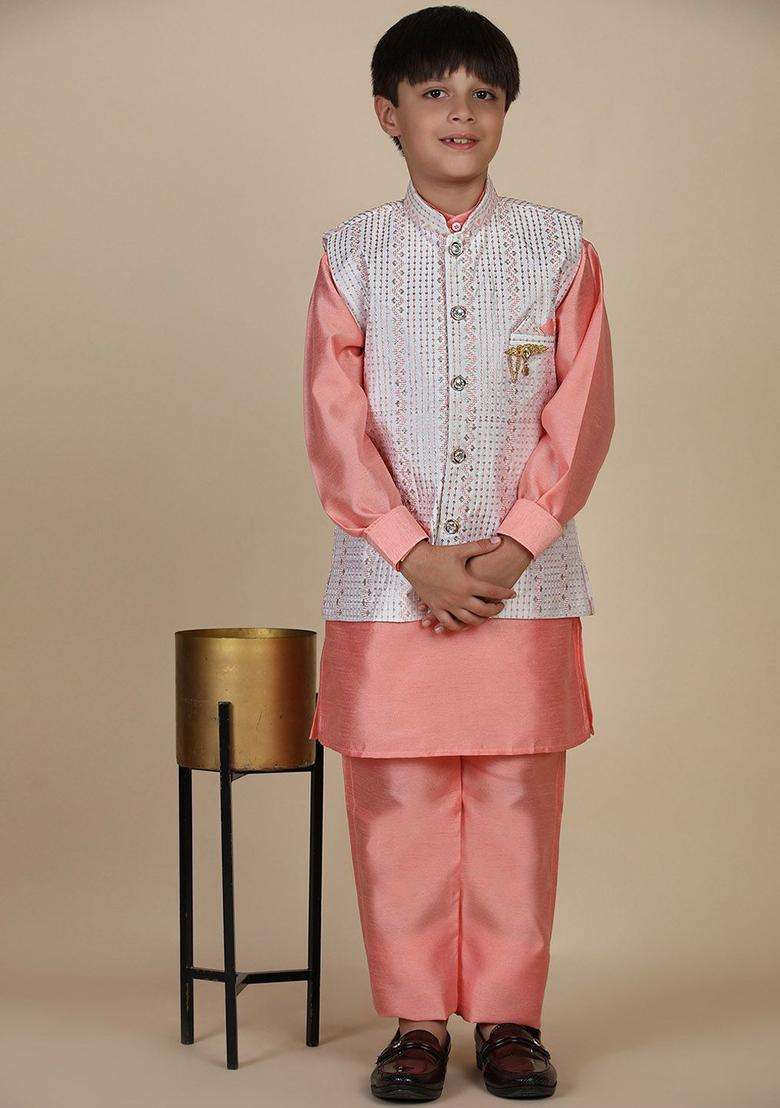Peach Solid Silk Kurta Set For Boys - Indya