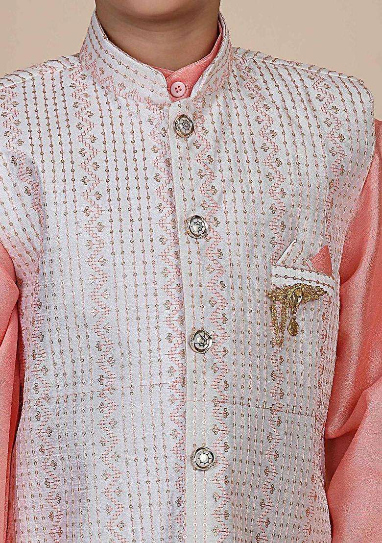 Peach Solid Silk Kurta Set For Boys - Indya
