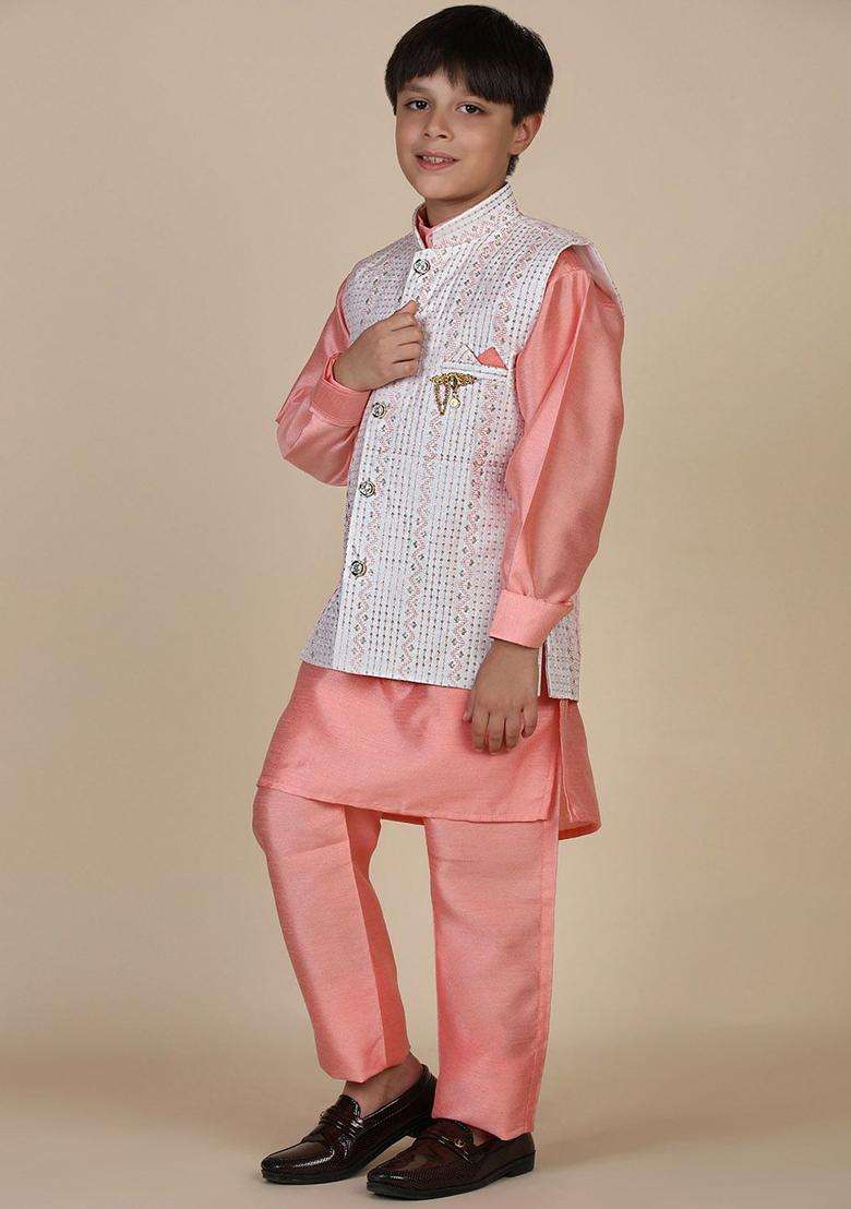 Peach Solid Silk Kurta Set For Boys - Indya