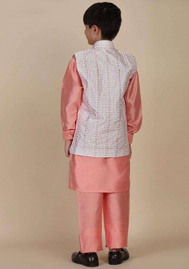 Peach Solid Silk Kurta Set For Boys - Indya