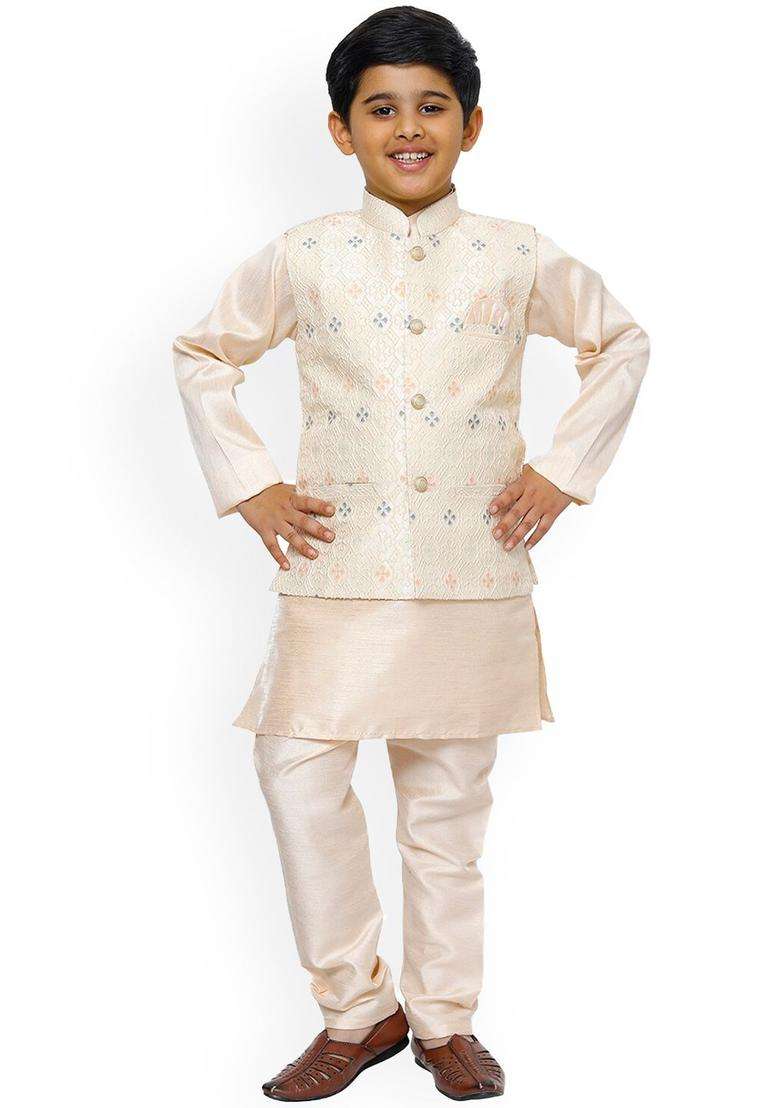 Peach Striped Silk Kurta Set For Boys - Indya