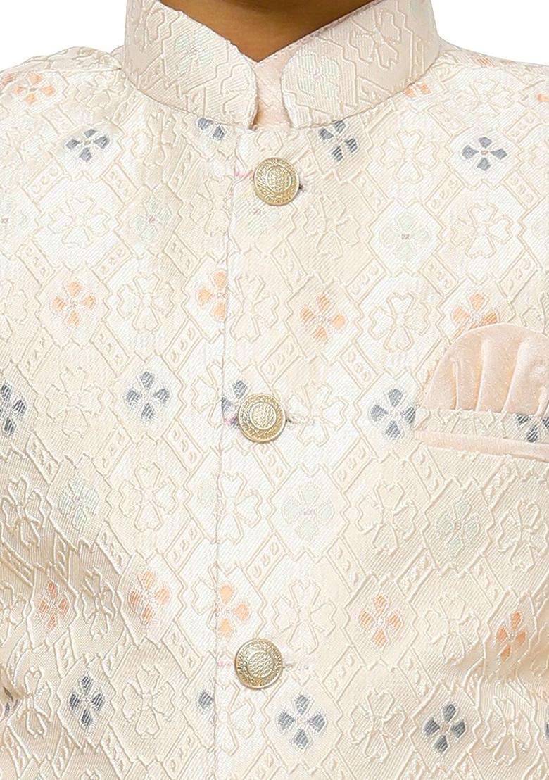 Peach Striped Silk Kurta Set For Boys - Indya