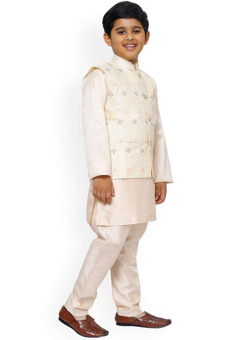 Peach Striped Silk Kurta Set For Boys - Indya