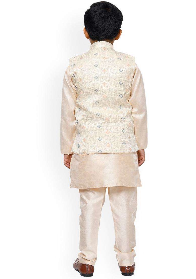 Peach Striped Silk Kurta Set For Boys - Indya