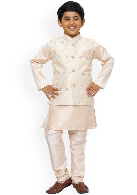 Peach Striped Silk Kurta Set For Boys — view on Indya