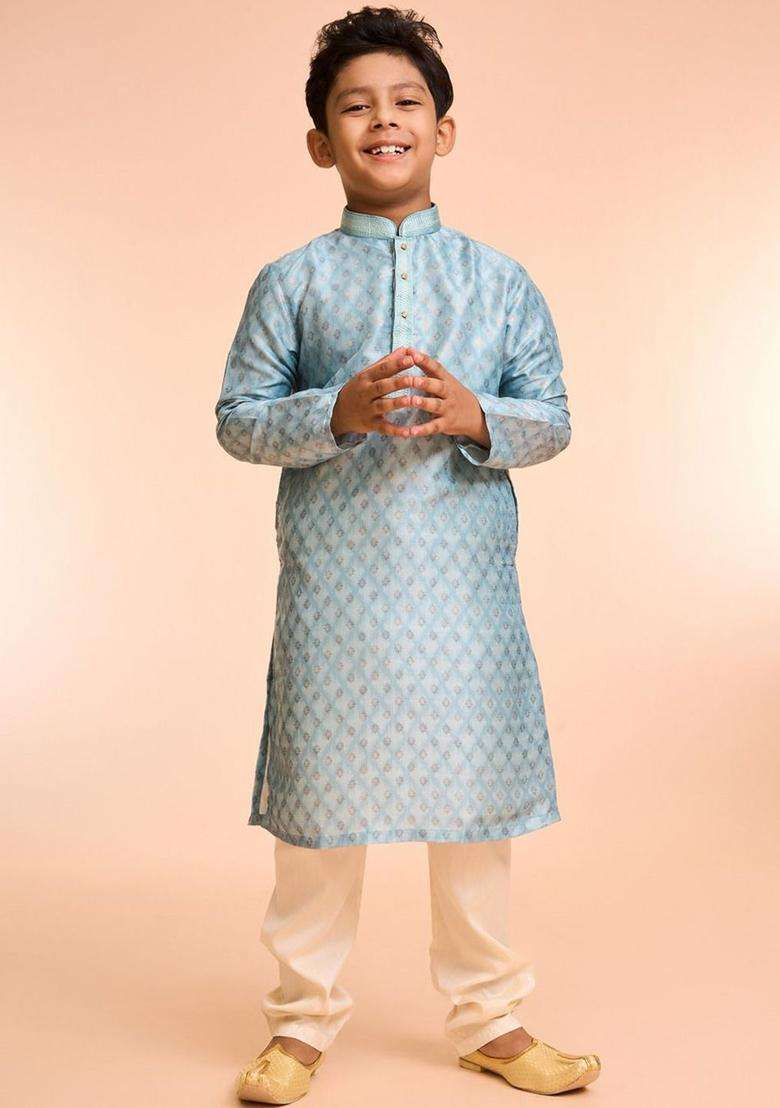 Blue Printed Silk Kurta Set For Boys - Indya