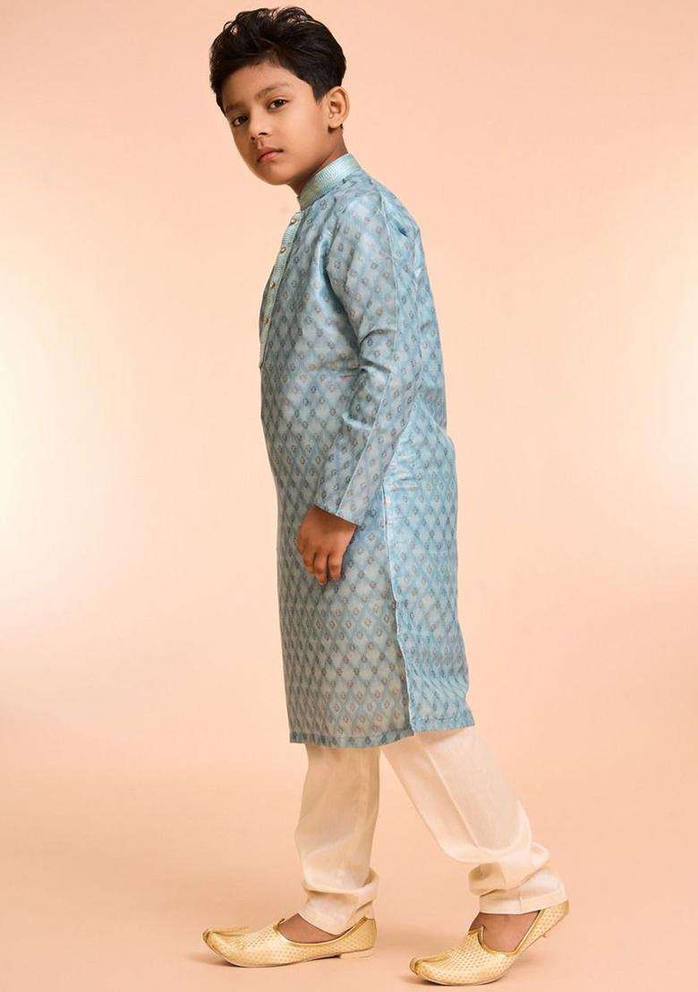 Blue Printed Silk Kurta Set For Boys - Indya