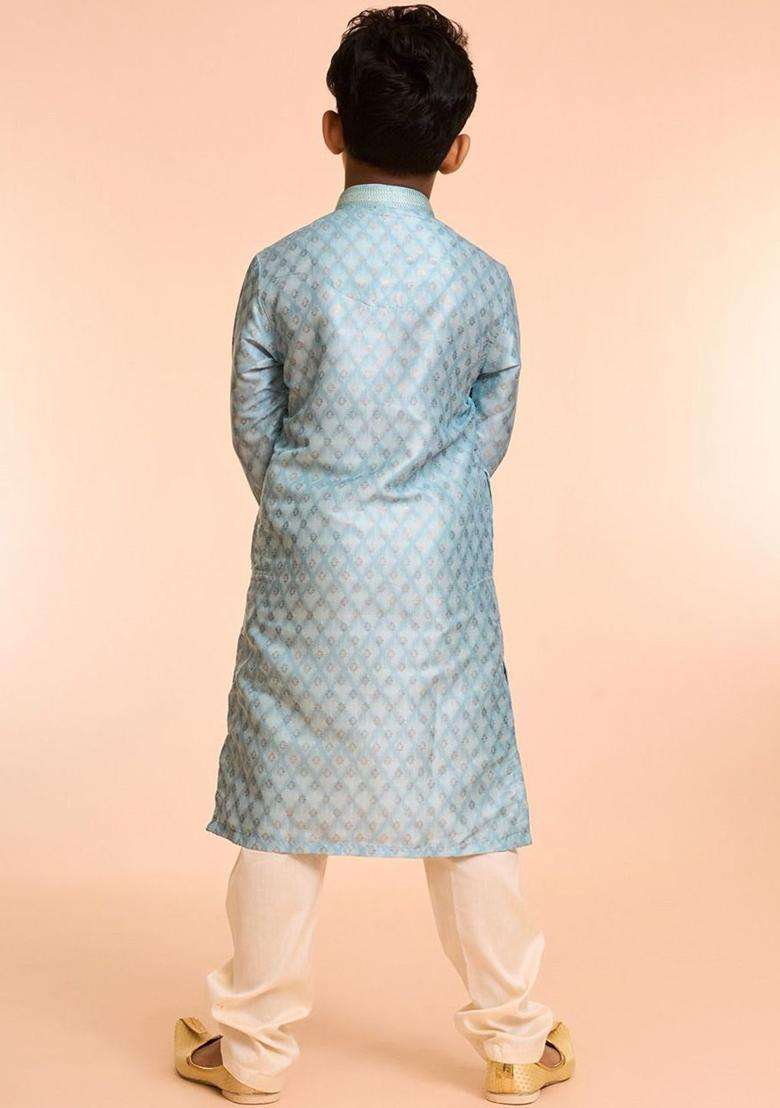 Blue Printed Silk Kurta Set For Boys - Indya