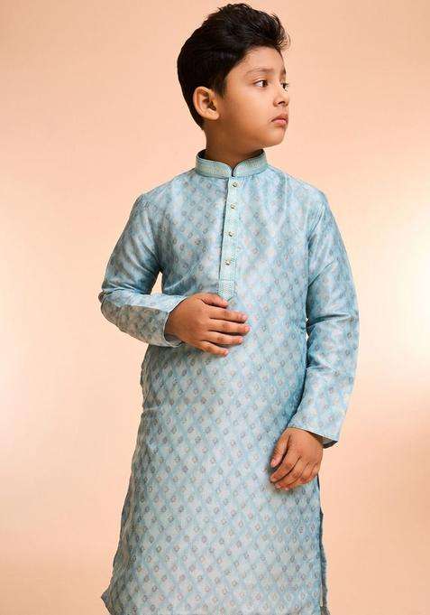 Blue Printed Silk Kurta Set For Boys