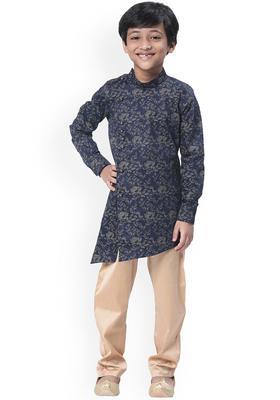 Navy Blue Printed Cotton Kurta Set For Boys