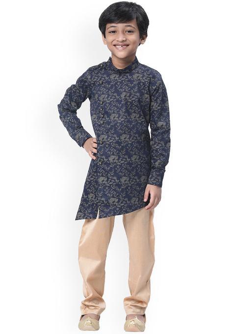 Navy Blue Printed Cotton Kurta Set For Boys — view on Indya