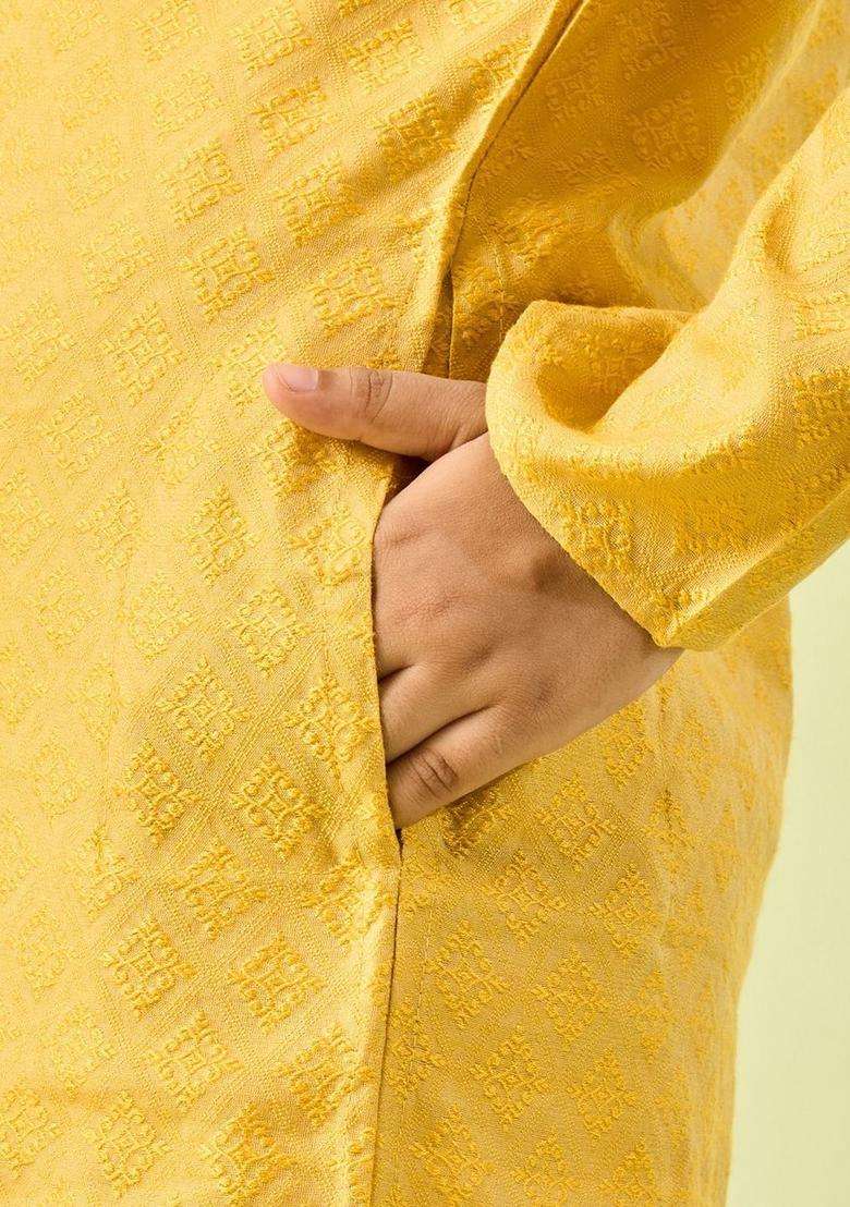 Yellow Self Design Silk Kurta Set For Boys - Indya