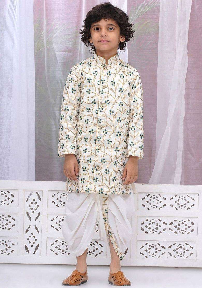 Cream Embroidered Cotton Kurta Set For Boys - Indya
