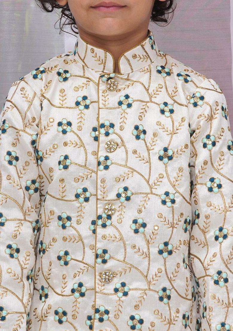 Cream Embroidered Cotton Kurta Set For Boys - Indya
