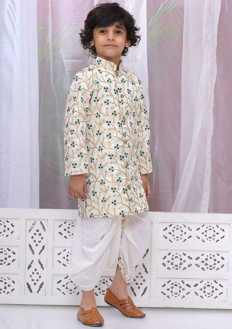 Cream Embroidered Cotton Kurta Set For Boys - Indya