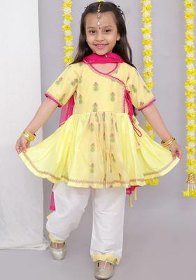 Yellow Embroidered Cotton Kurta Set For Boys