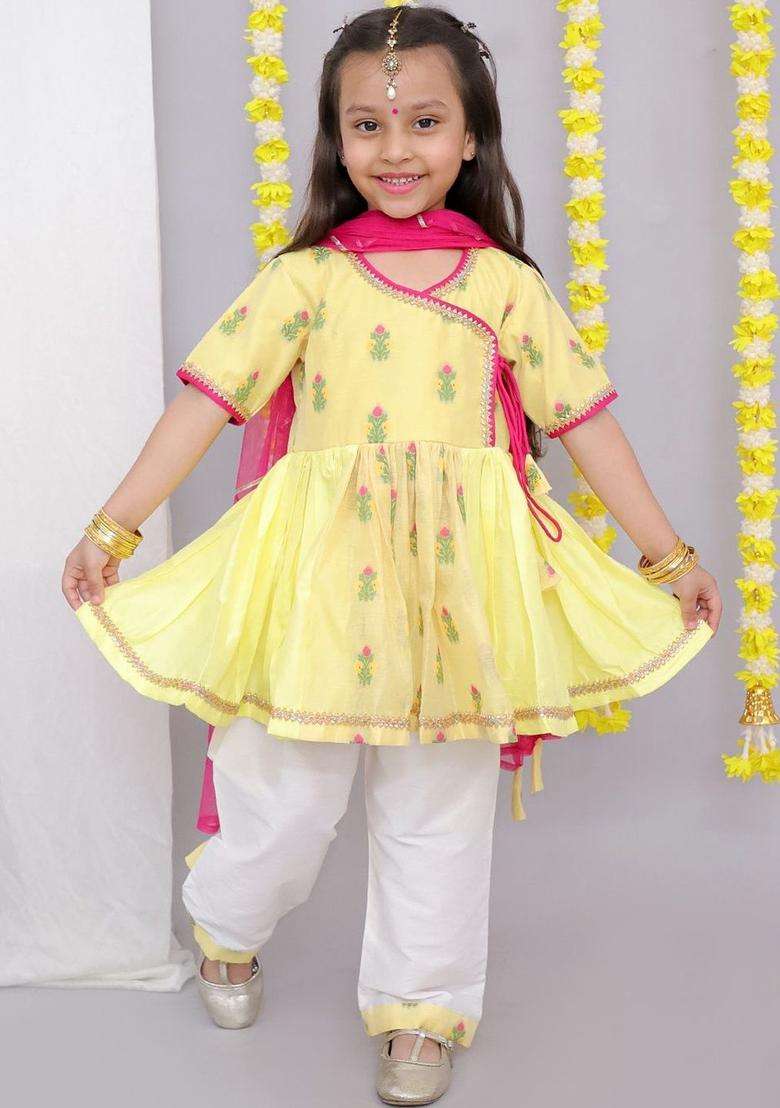 Yellow Embroidered Cotton Kurta Set For Boys - Indya