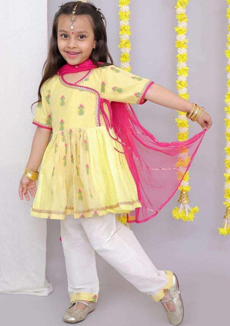 Yellow Embroidered Cotton Kurta Set For Boys - Indya